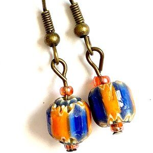 Vtg Murano Glass Bead Earrings Orange Blue White Hand Made Round Gold Tone Italy